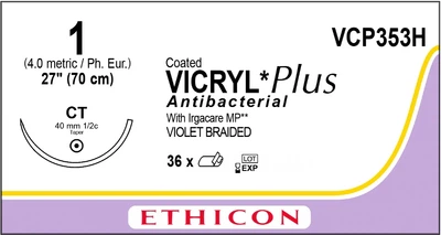 Викрил Ethicon Plus фиолетовый 70 см М4 USP1 одна игла СТ Тип колющая Taper Point 40 мм 1/2 круга (VCP353H)