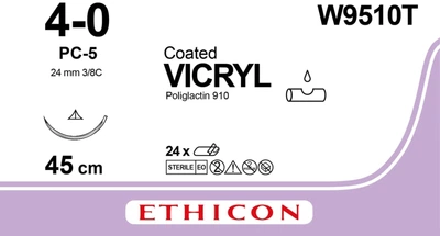 Викрил Ethicon неокрашенный 45 см M1.5 USP4/0 одна игла PC-5 Prime Тип режущая игла 19 мм Prime 3/8 круга (W9510T)