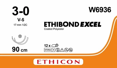 Этибонд Эксель Ethicon зеленый 90 см M2 USP3/0 две иглы V-5 Тип колюще-режущий Taperc 17 мм 3/8 круга (W6936)