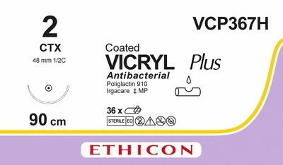 Викрил Ethicon Plus неокрашенный 90 см M5 USP2 одна игла CTX Тип колющая Taper Point 48 мм 1/2 круга (VCP367H)