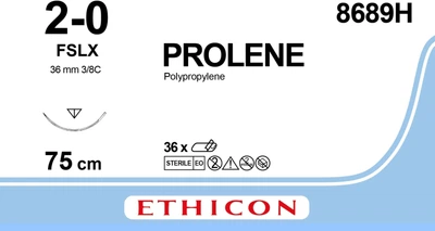 Пролен Ethicon синий 75 см M3 USP2/0 одна игла FSLX Тип обратно-режущая Reverse Cutting 36 мм 3/8 круга (8689H)