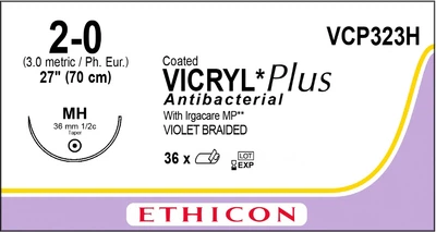Викрил Ethicon Plus фиолетовый 70 см M3 USP2/0 одна игла MH Plus36 мм 1/2 круга (VCP323H)