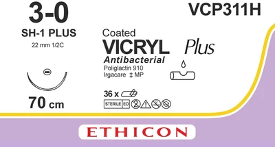 Викрил Ethicon Plus фиолетовый 70 см M2 USP3/0 одна игла SH-1 Plus Тип колющая 22 мм 1/2 круга (VCP311H)