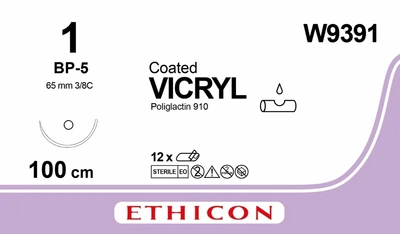 Викрил Ethicon фиолетовый 100 см M4 USP1 одна игла BP-5 Тип Blunt Point 65 мм 3/8 круга (W9391)