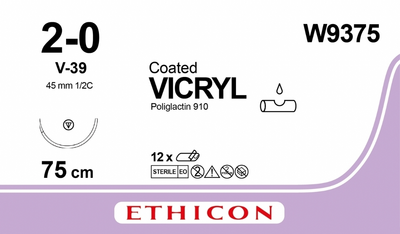 Викрил Ethicon фиолетовый 75 см M3 USP2/0 single armed V-39 TAPERCUT 45mm 1/2 круга (W9375)