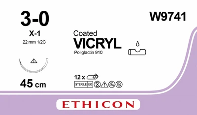 Викрил Ethicon неокрашенный 45 см M2 USP3/0 одна игла X-1 Тип обратно-режущая 22 мм 1/2 круга (W9741)