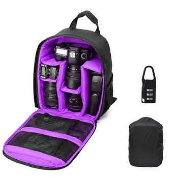 Стильный рюкзак для фототехники Photo Bag чёрный с фиолетовым фоторюкзак с креплением для штатива фиолетовый + дождевик + кодовый замочек-карабин (mrk2167)