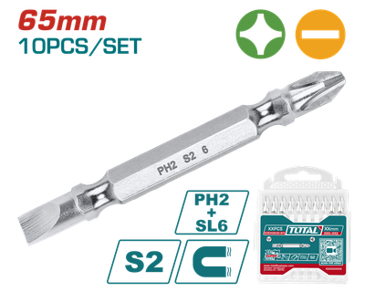 Викрутні насадки, PH2+SL6, 65 мм, 10 шт. TOTAL TAC16HL133