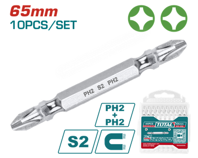 Викрутні насадки, PH2+PH2, 65 мм, 10 шт. TOTAL TAC16PH233