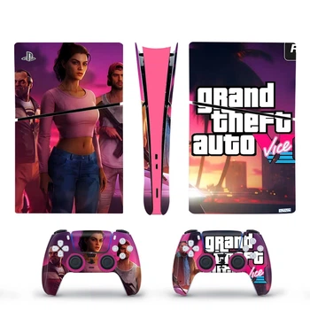 Виниловые наклейки GTA 6 (Grand Theft Auto) на PS5 Slim Digital Edition + геймпад DualSense + глянцевую часть игровой консоли Sony PlayStation 5 Slim Digital Edition / Skin