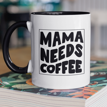 Кружка на подарок керамическая с принтом "Mama Needs Coffee" 330 мл, белая с черной ручкой