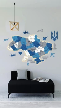 Настенный декор в стиле минимализм. Деревянное панно Decart на кухню, гостиную или спальню Карта Украины (небо) с дополнительным декором 100х60 см с подсветкой