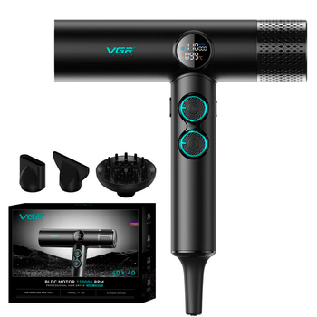 Фен професійний VGR V-401 BLACK, 40 рівнів обдування, 40 рівнів температури, 3 насадки