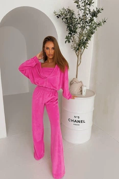 Велюровый костюм тройка с топом и широкими штанами Малиновый L-XL