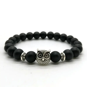 Браслет сова из шунгита с серебристой совой OWL черный вулканический камень