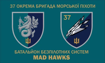 Флаг 37 ОБрМП батальон беспилотных систем Mаd Hawks, 150х90 см, 1319_14-62