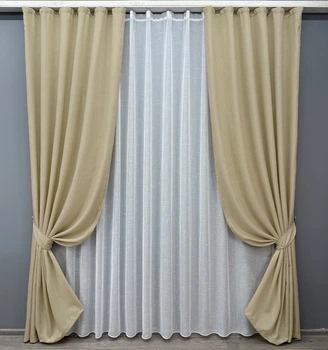 Комплект штор VR-Textil Лен Мешковина 100х270 2шт и Тюль 400х270 114ш-115т Бежевый с белым 71-022/2