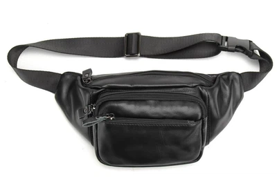 Сумка бананка на пояс мужская кожаная Tiding Bag t0186A Черная