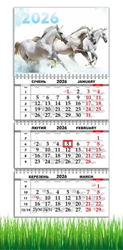 Календар настінний квартальний на 2026 рік на три пружини , Apriori, рік Коня, Кінь, символ року Кінь,Horses , 29,7х61см , 20 вид