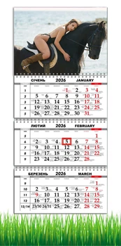 Календар настінний квартальний на 2026 рік на три пружини , Apriori, рік Коня, Кінь, символ року Кінь,Horses , 29,7х61см , 8 вид