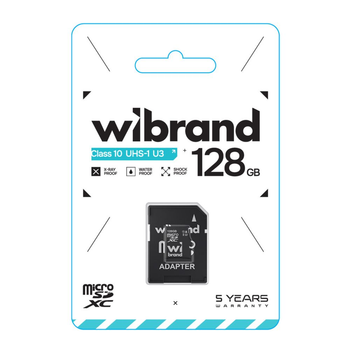 Карта памяти microSDHC Wibrand 128gb UHS1 U3 класс 10 с адаптером черная