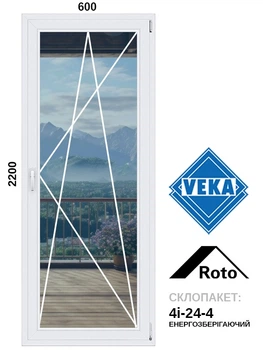 600*2200 дверь металлопластиковая, Veka WHS72 / Roto / 4i-24-4, правое открывание, VEKA