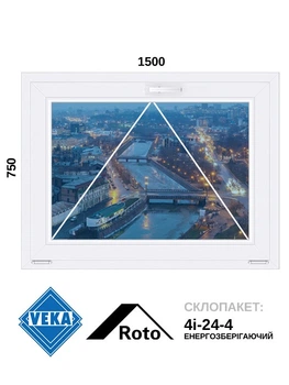 1500*750, окно металлопластиковое фрамуга (откидное), Veka WHS72 / Roto / 4i-24-4, VEKA
