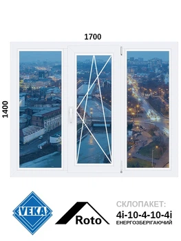 1700*1400, окно металлопластиковое, Veka WHS60 / Roto / 4i-10-4-10-4i, VEKA