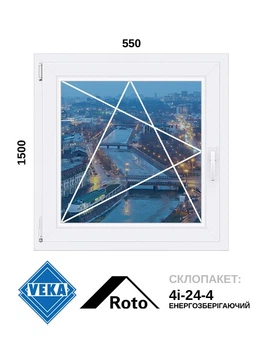 550*1500, окно металлопластиковое, Veka WHS72 / Roto / 4i-24-4, левое открывание, VEKA