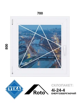 700*800, окно металлопластиковое, Veka WHS72 / Roto / 4i-24-4, левое открывание, VEKA