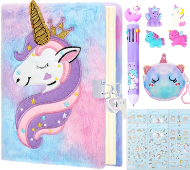 Пухнастий щоденник блокнот для секретів UNICORN Purple 8 in 1 (замок, ключ, ручка, стікери, сумочка, іграшки)