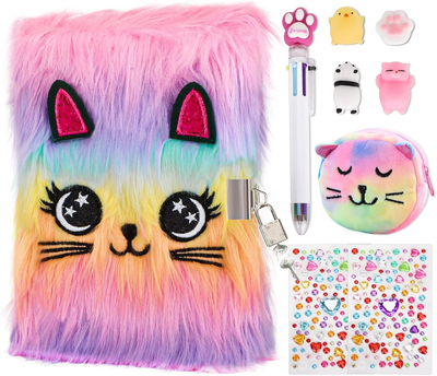 Пухнастий щоденник блокнот для секретів UNICORN Cat 9 in 1 (замок, ключ, ручка, стікери, сумочка, іграшки)