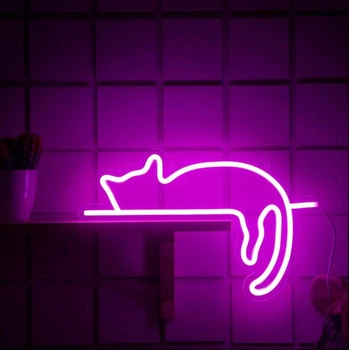 Неоновий світильник Pink Cat Сплячий кіт декор для спальні - 35х23 см