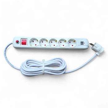 Удлинитель 5 метров 5 розеток с заземлением, выключателем и USB, 16А 3.5 кВт, защита CP/SP, белый — максимум длины и удобства