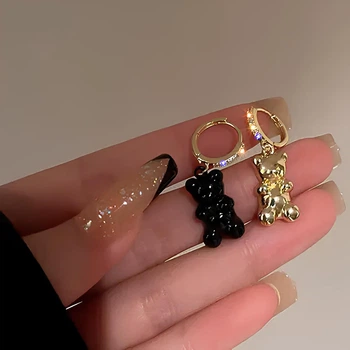 Серьги мишки RESTEQ — стильные сережки в форме медвежат, черного и золотого цвета, оригинальное украшение для женщин и девушек