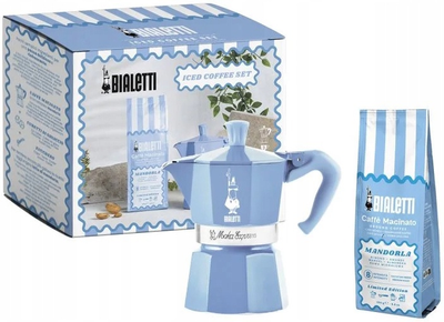 Zestaw Bialetti Kawiarka Moka Express blekitna 130 ml + Kawa mielona Perfetto Moka Mandorla 250 g (8006363095341)