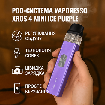 Pod-система Vaporesso XROS 4 Mini 1000 мАг Ice Purple, зарядка Type-C, верхня заправка
