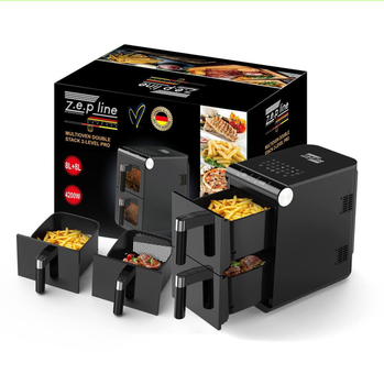 Zepline ZP‑2I2 двокамерна аерофритюрниця 4200 Вт, 16 л (8 + 8), 13 програм, 50–200 °C, таймер, антипригарне покриття