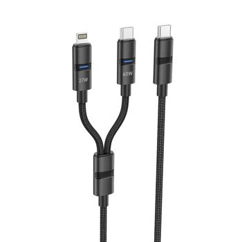 Кабель Foneng XS10 2-в-1 Type-C→Lightning 60 Вт/PD 27 Вт — быстрая зарядка iPhone и MacBook, поддержка OD4.0, светодиодный индикатор, длина 1,2 м, нейлоновая оплётка. Надёжный кабель для питания и передачи данных Черный
