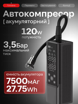 Насос автомобільний акумуляторний автонасос для коліс автомобіля машини авто Proove Pump Assistant Pro 120w 7500mAh однопоршневий портативний компресор для підкачки шин від прикурювача автомобільні насоси в машину
