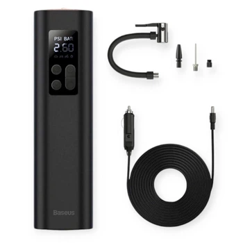 Компрессор mini baseus 10атм/30л/0.18м шланг/прикур/насадки/фонарь/led дисплей