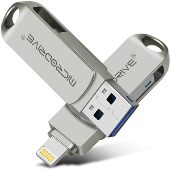 Флешка металлическая 2в1 64GB USB-Lightning для телефона и компьютера Microdrive OTG Серебристый