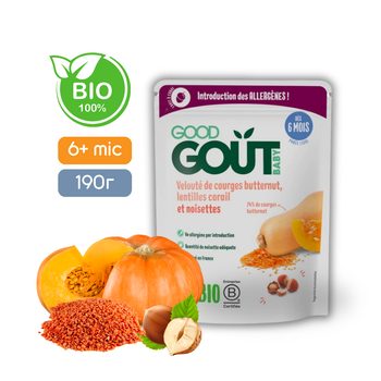 Овочеве пюре Good Gout BIO Гарбуз і червона сочевиця з фундуком для дітей від 6 місяців, 190 г