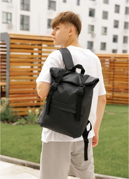 Рюкзак RollTop чорний, екошкіра, об'ємний, 54 см