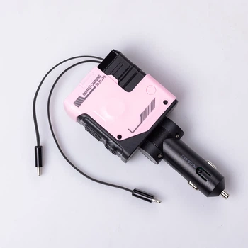 Автомобильное зарядное устройство с выдвижными кабелями и 4 USB портами розовое