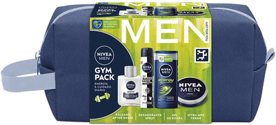 Набір для догляду за тілом Nivea Men Gym Pack Гель для душу 250 мл + Бальзам після гоління 100 мл + Дезодорант-спрей 200 мл + Крем універсальний 75 мл + Косметичка (8412300052573)