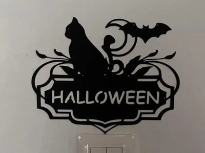Декоративне панно-табличка на стіну Halloween з котом та кажаном. Aivory