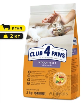 Сухий корм з ягням Club 4 Paws Indoor 4in1 Клуб 4 Лапи Індор 4 в 1 для домашніх котів 2 кг
