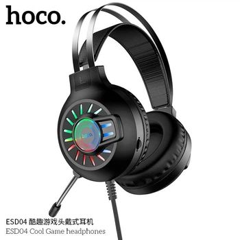 Ігрові дротові навушники HOCO ESD04 Hi-Res Cool Game LED |геймерська гарнітура, кабель 2 м, провідні, 50-мм динаміки, AUX 3,5mm + USB 2.0, LED-підсвічування, гнучкий мікрофон, 7.1 VSS| Чорний