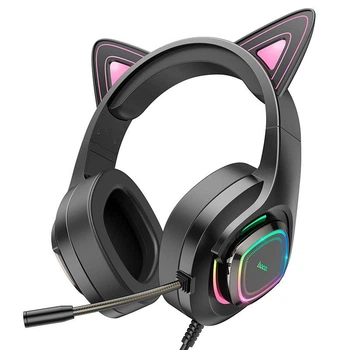 Игровые проводные наушники HOCO W107 Cute Luminous Cat Ear Gaming Headphones |геймерская гарнитура, проводные, 40-мм динамики, USB + AUX 3.5 мм, гибкий микрофон, кабель 2 м, подсветка, кошачьи ушки| Черно-розовый